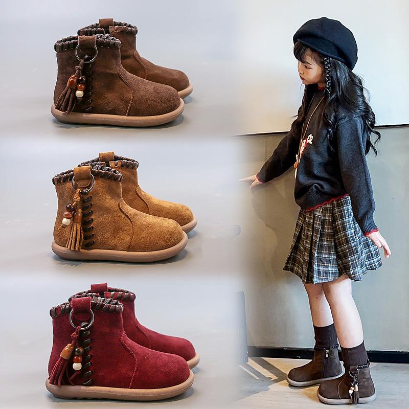 Zhongbang Samt Kinder Martin Stiefel 2025 Winter Explosion warm Mode Känguru Schuhe einfarbig Britischer Stil Stiefel