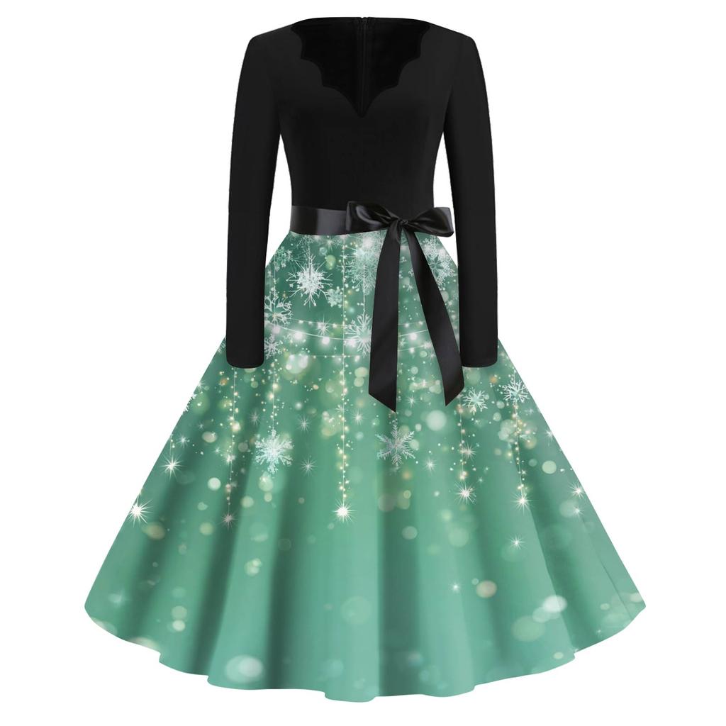 Women's Fashion V-Neck Relaxed-Fit Christmas Print Long-Sleeved Dress