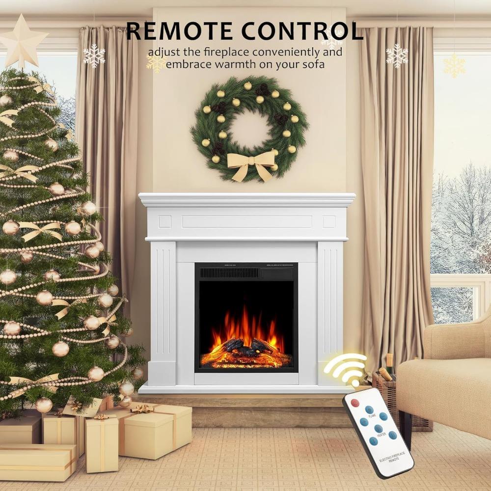 43 Inch Fireplace TV Stand with Mantel - Electric Fireplace Heater, Wooden Entertainment Center, Adjustable LED Flame, Freestand