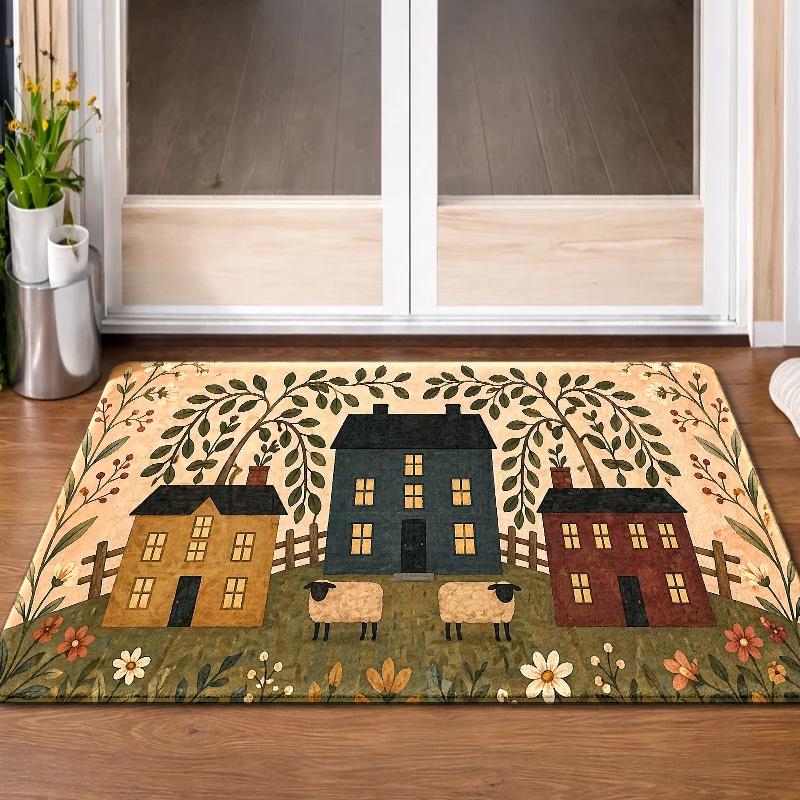 1Pcs Anti Fatigue Kitchen Rugs, 2Pcs, 3Pcs Pastoral House Print Waterproof Non-Slip Thick Cushioned Mat Comfort Standing Mat