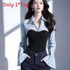 Spring New Blue Stripe Faux Two Piece Shirt With 3d Pattern For Office Wear Women