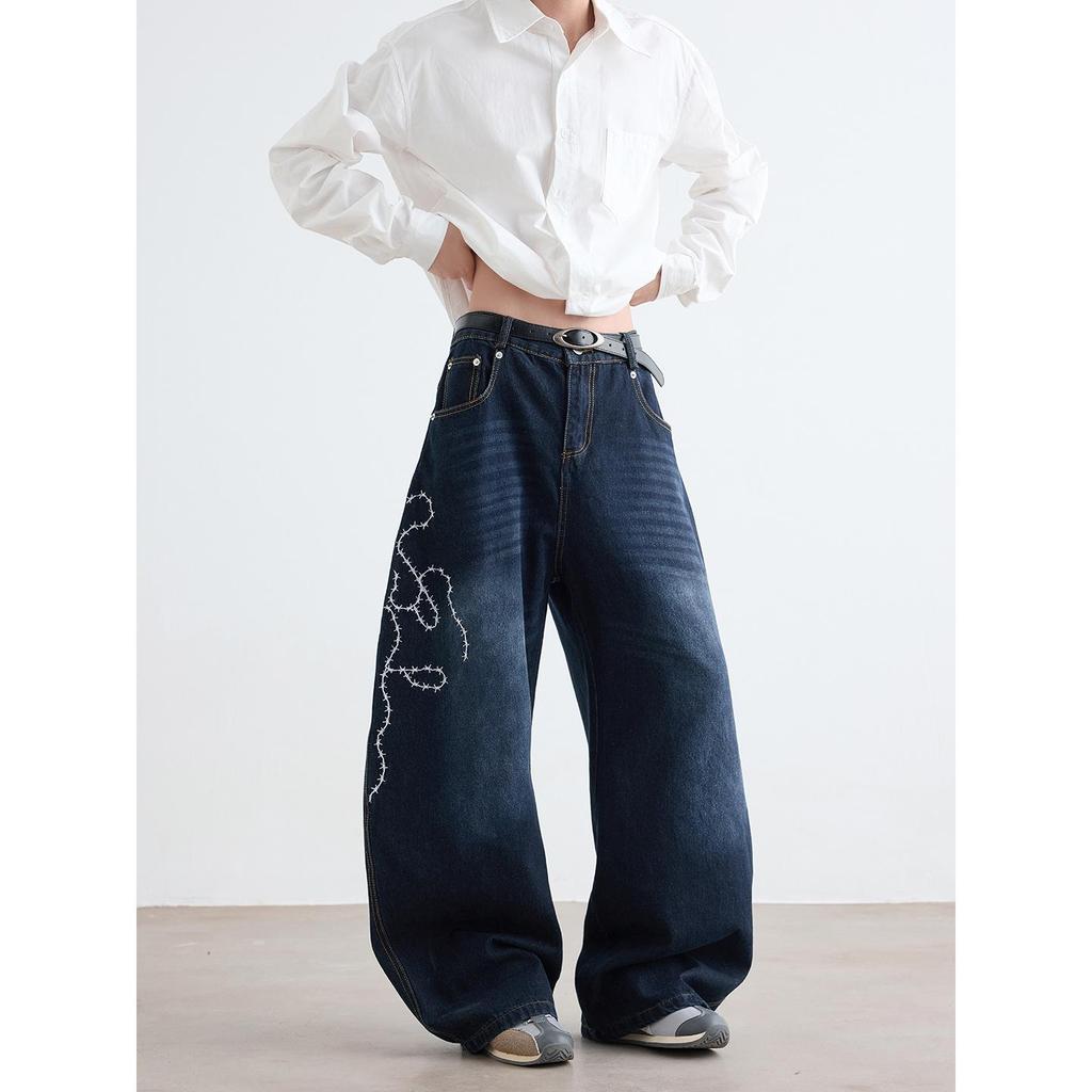 Unisex Retro Rose Embroidered Wide-Leg Jeans