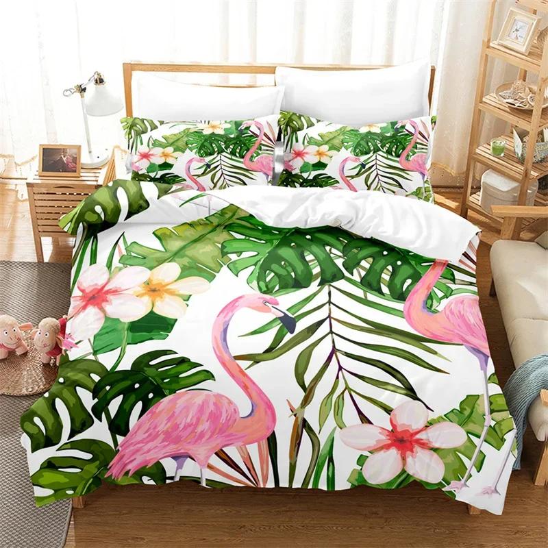 Flamingo Bettbezug Tropische Palmenblätter Bettwäschebezug Polyester 3D Blumiges Bettwäsche-Set Twin King Für Mädchen Jungen Zimmerdekor