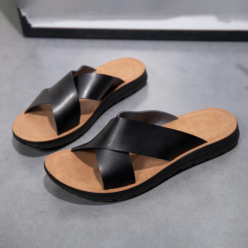 Men Leather Slippers Palm Cross Slides Casual Outdoor Summer Italian Designer Classic Brown Black 2024New Summer Casual Slippers