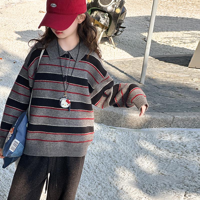 2025 Stickad polotröja med ränder för flickor - Höst/Vintermode för barn