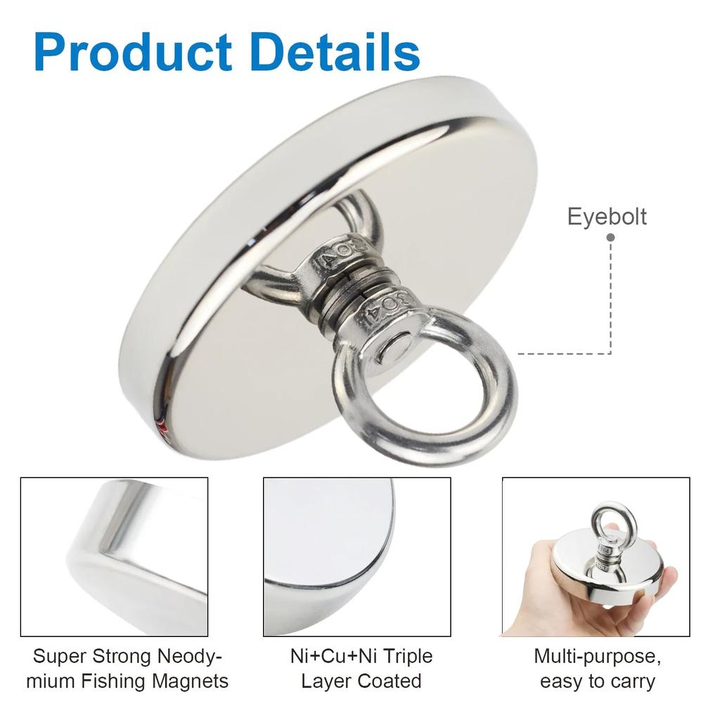 Super Strong Neodymium Fishing Magnet Hook N52 Heavy Duty Rare Earth Magnet with Countersunk Hole Eyebolt Salvage Magnet Imans