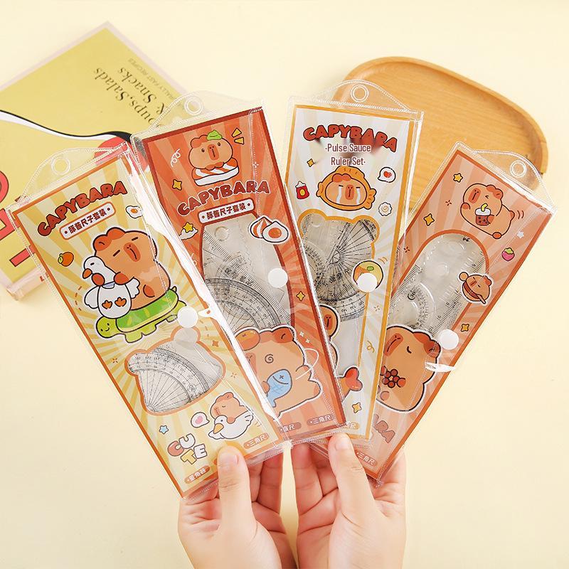 Capybara Cartoon Student Ruler Set: Multifunctional Triangle, Protractor, and Four-Piece Ruler Set