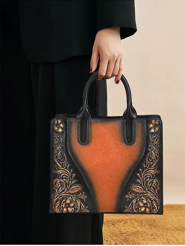 Johnature Genuine Leather Women's Handbag Retro Embossed Large Capacity Shoulder Crossbody Bags