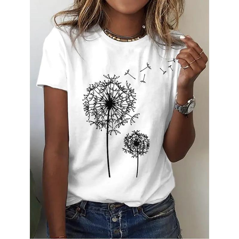 Sommer Rundhals 3D Löwenzahn Print Top Modische Lässige Kurzarm Damen T-Shirts