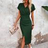Women's Bodycon Midi Dress Short Sleeve V Neck Ruched Cocktail Party Dress Formal Slit Office Work Business Outfit