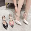 Elegant Sandals Woman Crystal Rhinestone Heart-Shaped Pointed Toe Ankle Buckle High Heels Party Banquet Ladies Shoes