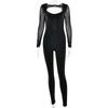 Tuta da Donna a Maniche Lunghe con Scollo Quadrato Slim Vita Alta Sexy Rete Solida Striscia a Contrasto Autunno Tuta da Yoga