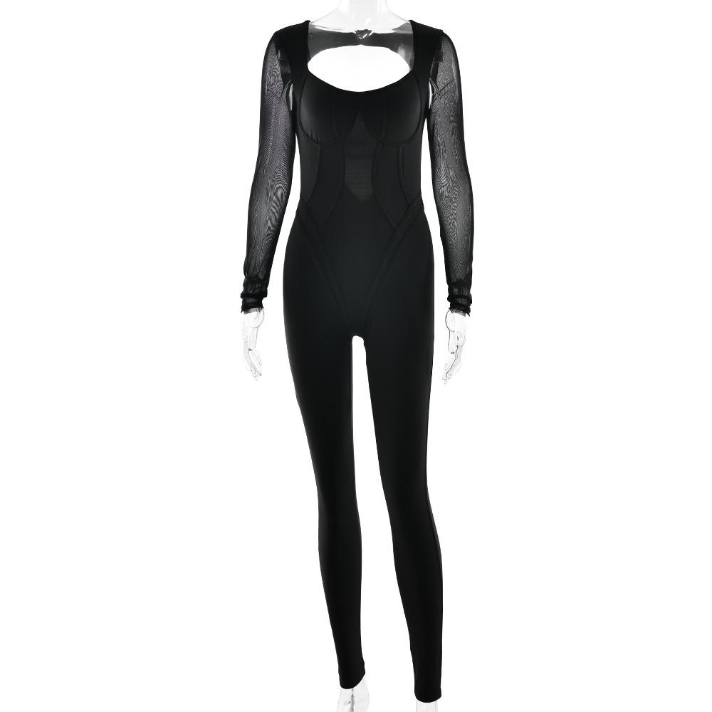 Tuta da Donna a Maniche Lunghe con Scollo Quadrato Slim Vita Alta Sexy Rete Solida Striscia a Contrasto Autunno Tuta da Yoga