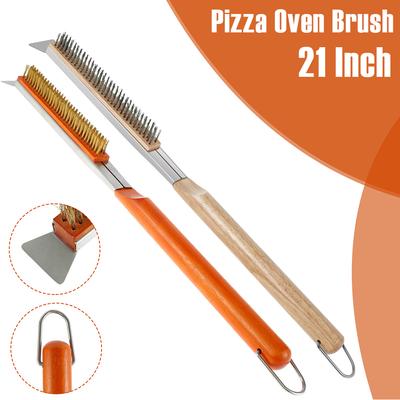21 Zoll Pizzaofenbürste mit langem Griff, Edelstahl-Reinigungsbürste, Küchen-Pizzasteinbürste und Schaber, Ofenzubehör