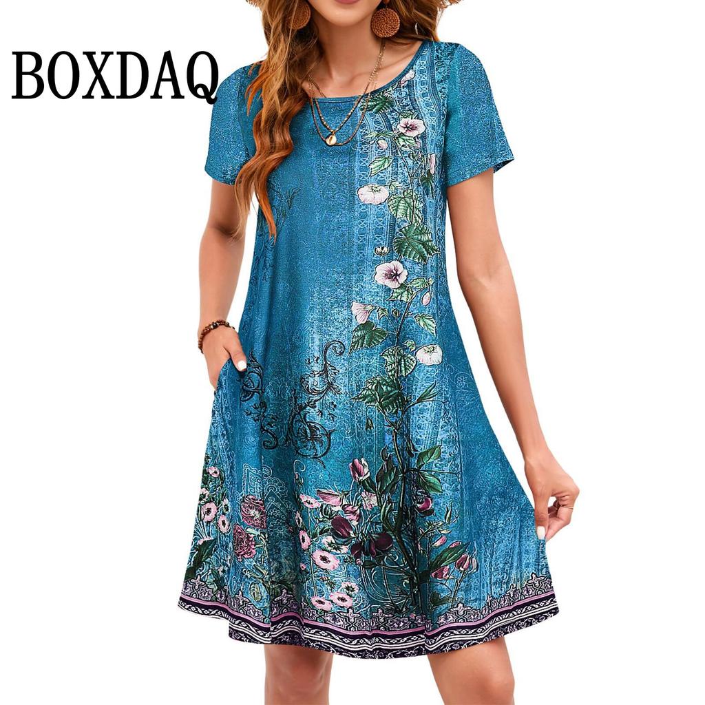 Summer O-Neck Short Sleeve Casual Loose Mini Dress