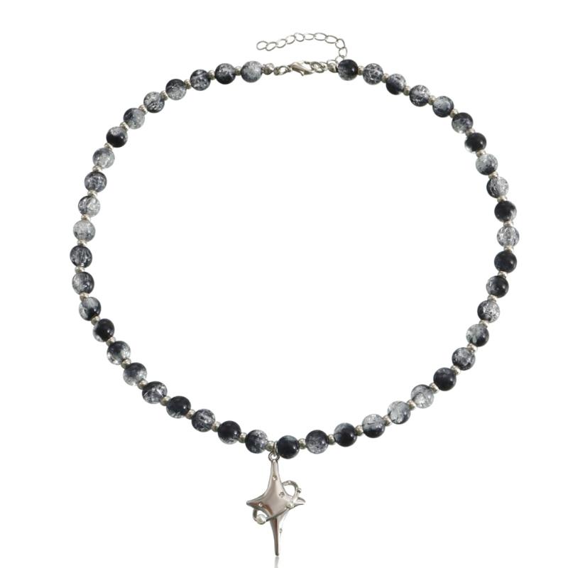 2023 Trend Crossed Star Necklace for Women Vintage Beaded Chain Alloy Necklace Pendants Fashion Aesthetic Y2k Jewelry