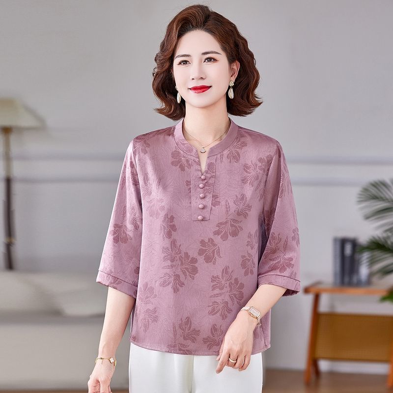 Middle Aged and Elderly Mothers Wear Summer New Style Fashionable Printed Temperament, Slimming and Loose Bottom Shirt, Small Shirt, Top for Women