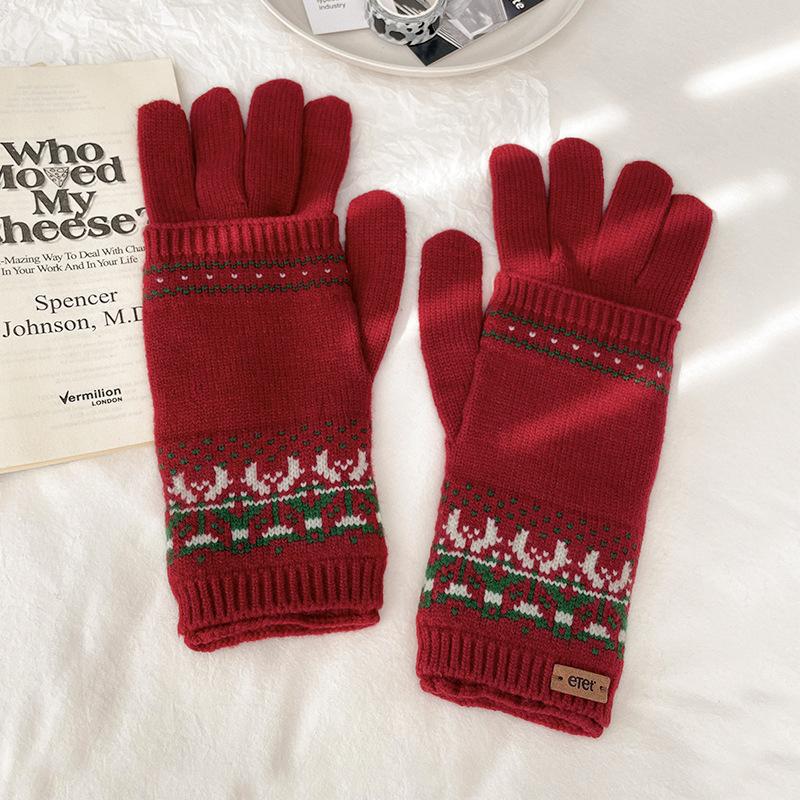 

Съемные двухслойные жаккардовые вязаные шерстяные перчатки для женщин на осень и зиму для защиты от холода и сохранения тепла во время езды с сенсорным экраном One size