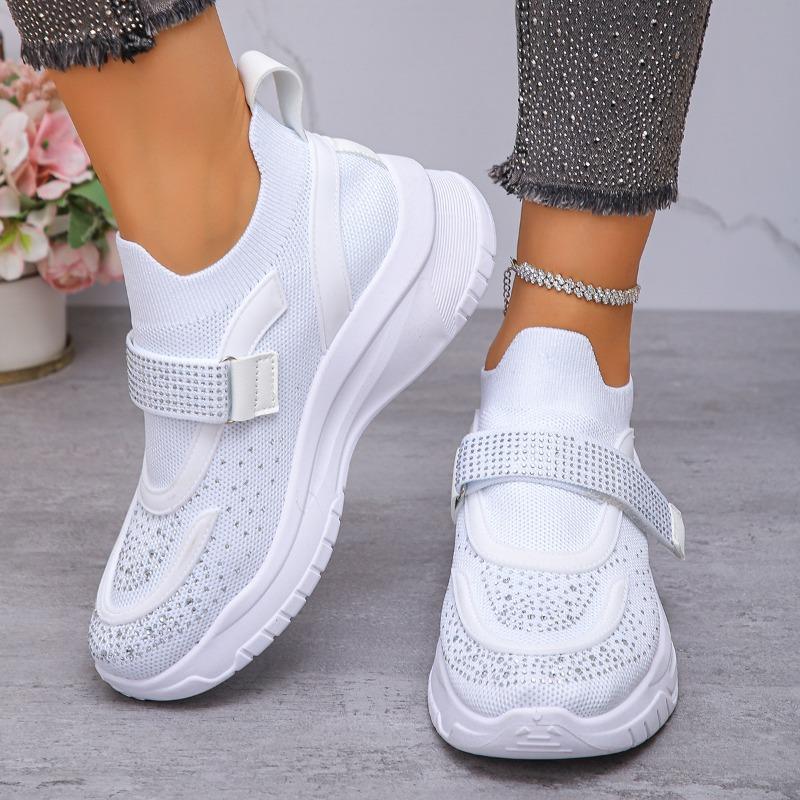 Damen Überweite Kristallverzierte Flyknit Sneaker - Deep-V Plateau Freizeitschuhe mit Perlenbesetztem Klettverschlussriemen, Atmungsaktive Mode-Sneaker