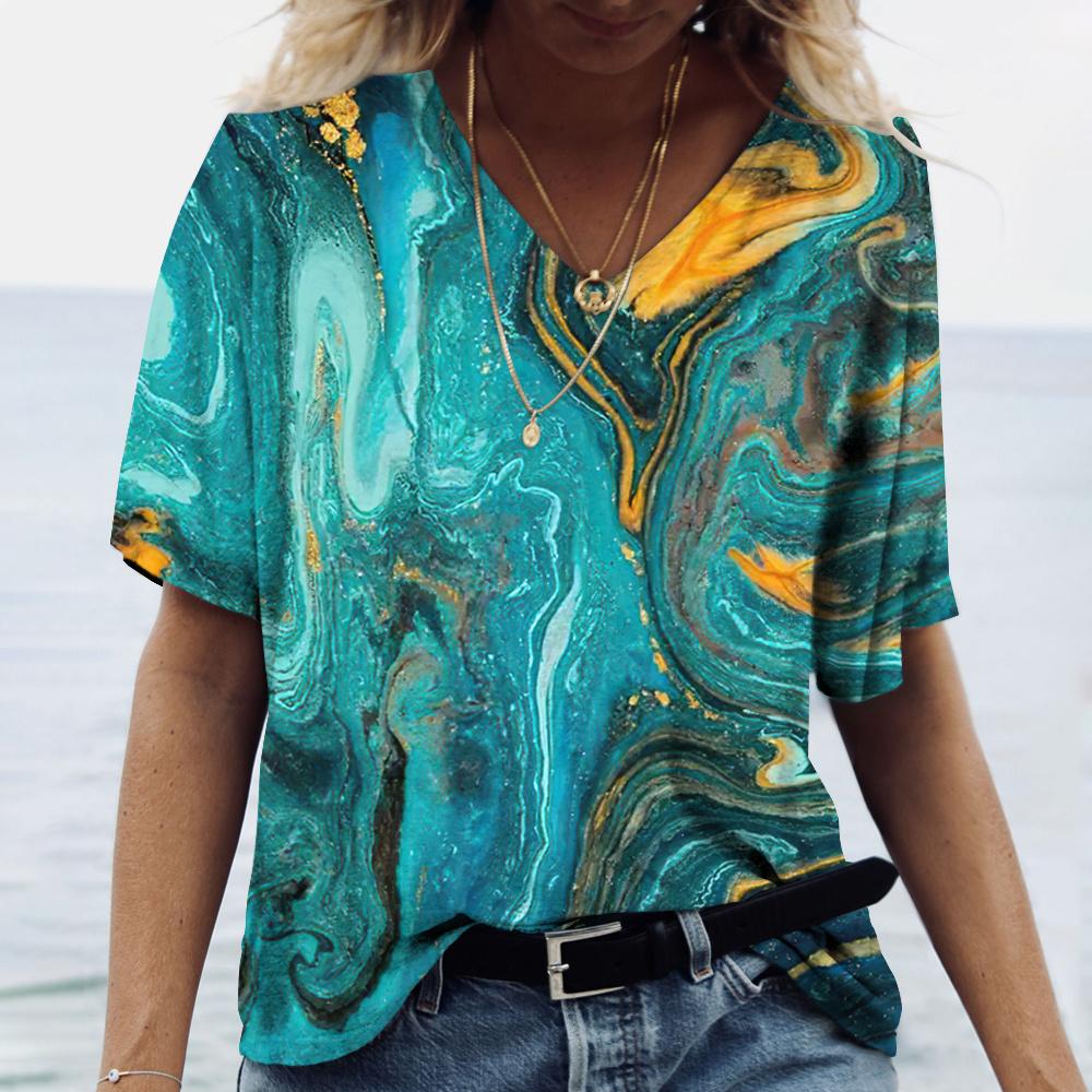 New Marble Gradient 3D Print T-Shirts Women V-Neck Short Sleeve T Shirt Y2k Harajuku Oversized