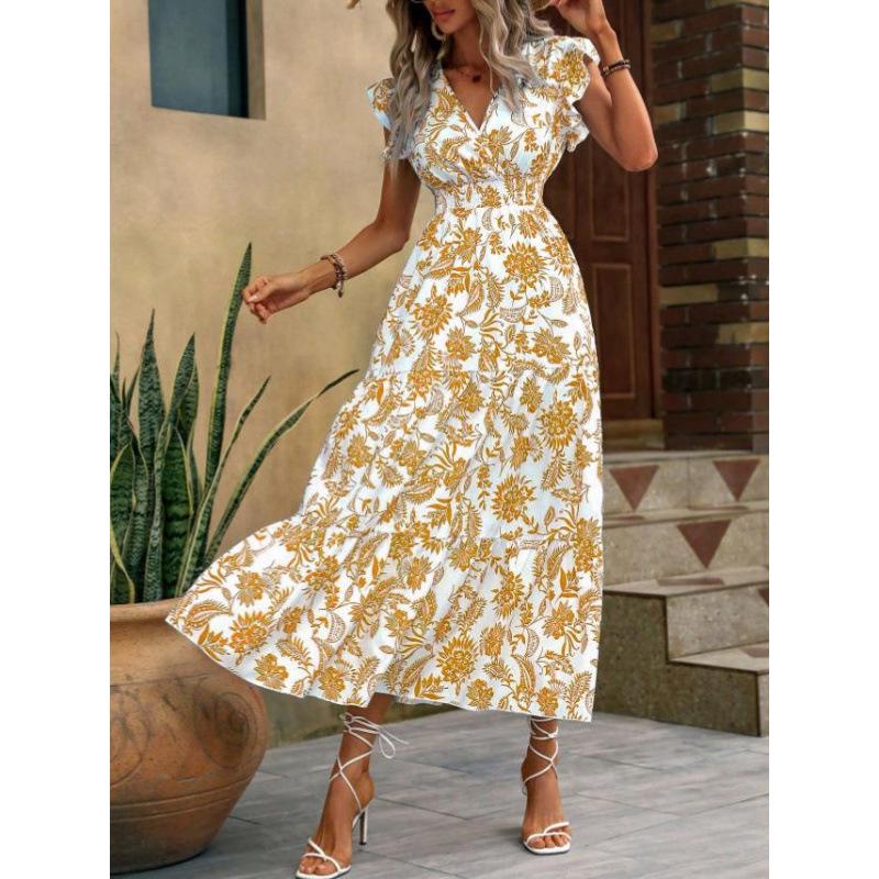 Yahua Women's Bohemian V-Neck Floral Dress - Elegant Summer Waist-Cinching Commuter Style 2026