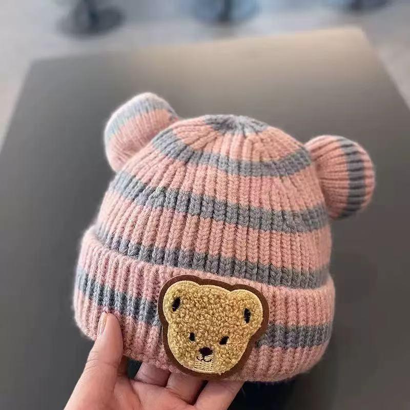 Trendige Koreanische Wollmütze mit Bommel für Babys & Kleinkinder - Herbst & Winter Bärenohren-Schutz-Design