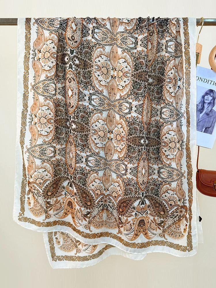 Elegantes Damen Boho Seidenschal Langes Wickeltuch Vintage Blumendruck Sonnenschutz Bandanas Hijab Mujer Schal Pareo Strand Lässig Neu