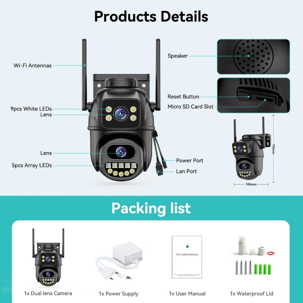 New EU 4K 8MP WIFI PTZ IP Camera Dual Lens With Dual Screen Ai Human Auto Tracking Color Nightvision ICsee Outdoor Surveillance Camera