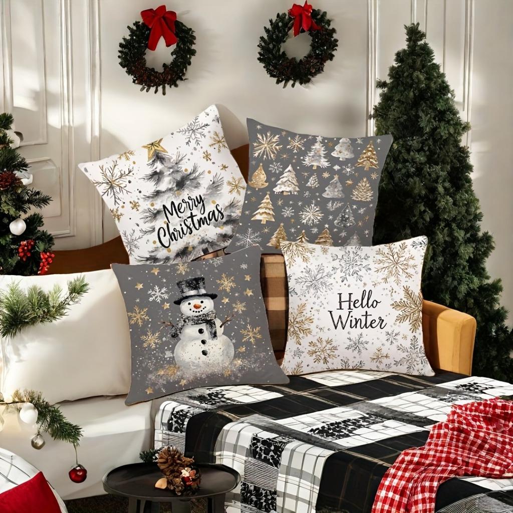 1pc Grey Christmas Cushion Cover Snowman Pine Printed Durable Cover 2025 New for Home Ornament Xmas New Year Christmas Decor