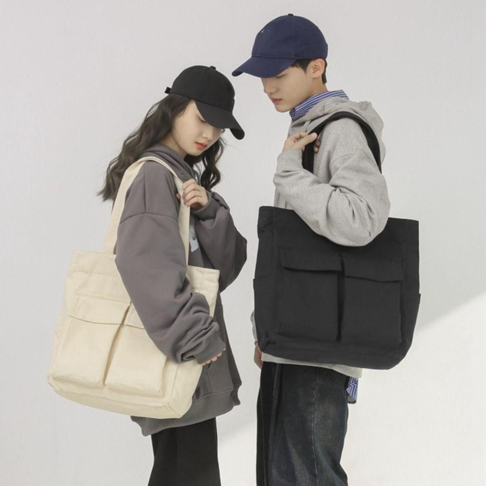 Leisure Multi-pocket Tote Bags Canvas Large Capacity Single Shoulder Bag Chic Light Weight Messenger Bags Unisex