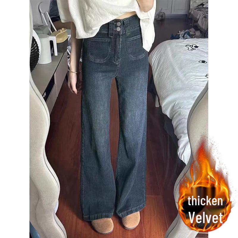 Women's High Waist Fleece-Lined Retro Straight-Leg Jeans, Plus Size, Autumn/Winter, Loose Fit, Slimming Wide-Leg Pants.