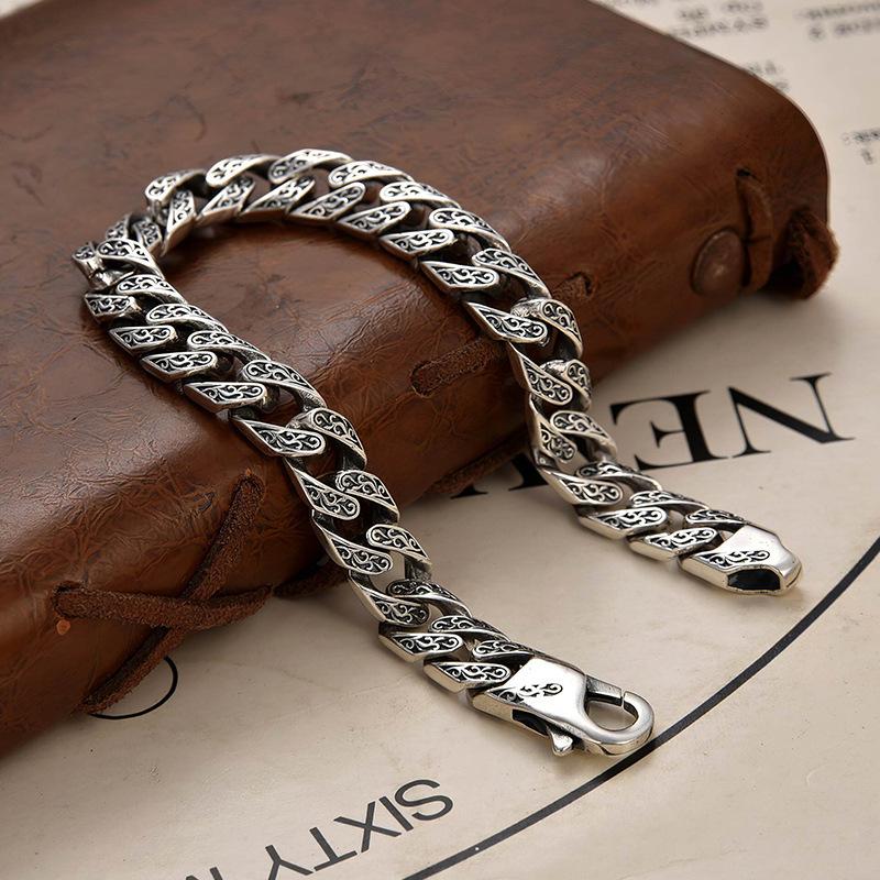925 Silver-plated Bracelet Men s Retro Birthday Gift Handmade Light Luxury Tang Grass Pattern Boys  Jewelry 2026 18CM