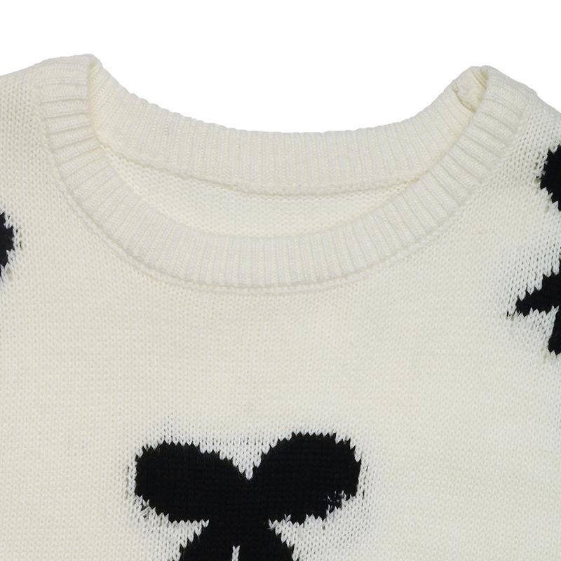 2026 Autumn/Winter Women's Bow Jacquard Round Neck Long Sleeve Sweater
