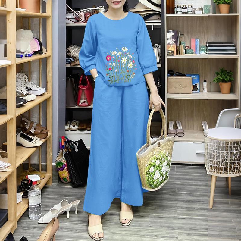 ZANZEA Women 3/4 Sleeve Floral Blouse and Pants Summer Two Piece Suit Sets