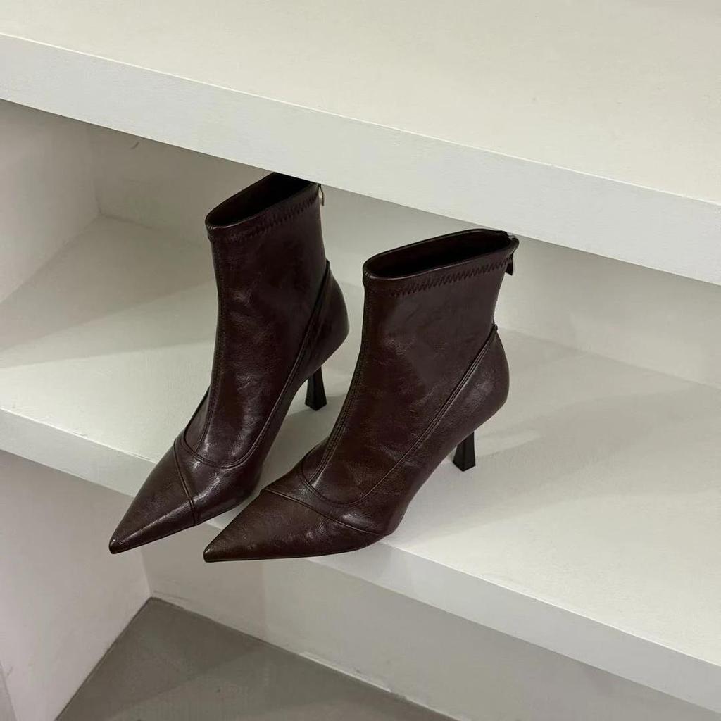 French pointed thin heel short boots women's autumn and winter high heel thin boots temperament brown leather zipper ankle boots