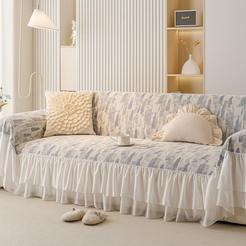 1pcs French Irregular Printed Sofa Cushion Chiffon Skirt Edge Sofa Blanket Anti Slip and Cat Scratch Resistant Bench Cloth Machine Washable Non-deform
