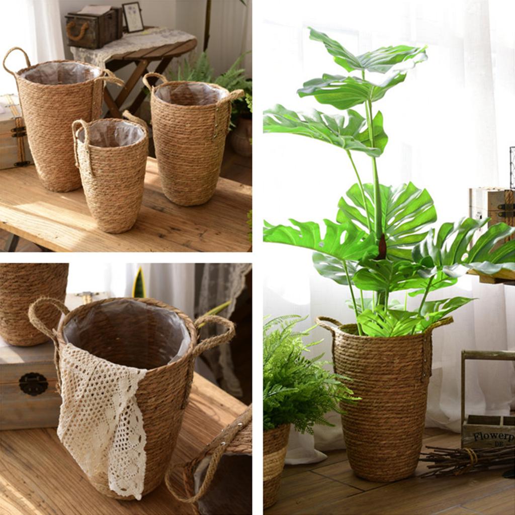 Straw Woven Basket Vase Dried Flowers Wicker Flower Pot for Living Room Flower Arrangements M