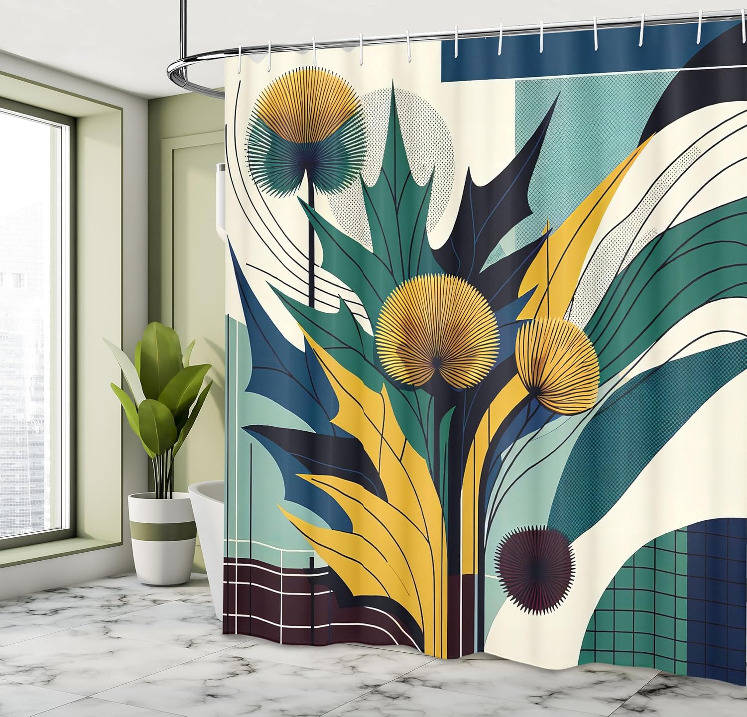 Floral Eucalyptus Shower Curtain, Abstract Leaves and Thistles Modern Geometric Scandinavian Details, Cloth Fabric Bat 90x180cm