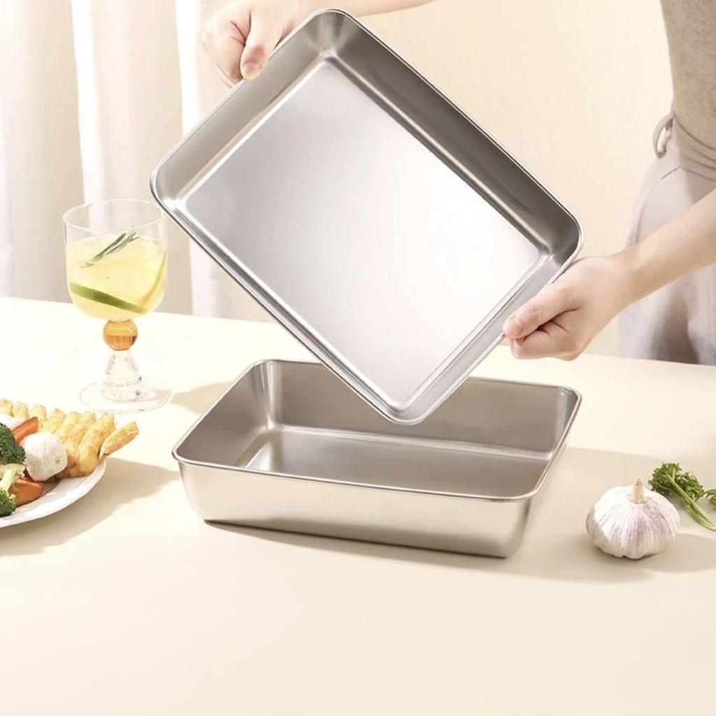 Stainless Steel Non-Magnetic Towel Tray with Lid - Flat Bottom Square Pan for Tiramisu & Ejiao