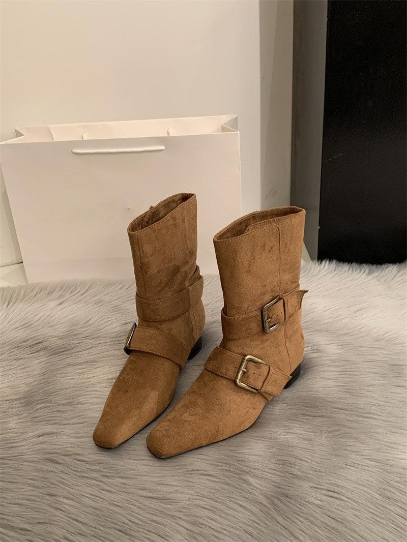 Retro khaki western boots suede fur early autumn foreign style fried street British style wide mouth small short boots women 40