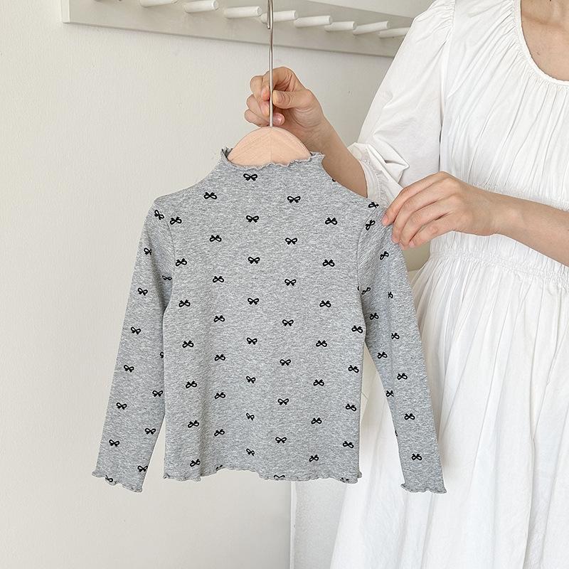 Children Girls Long-sleeved T-shirts Autumn Dot Print Infant Babys Girl Tops Turtleneck Bow Flower Toddler Kids Girls Undershirt