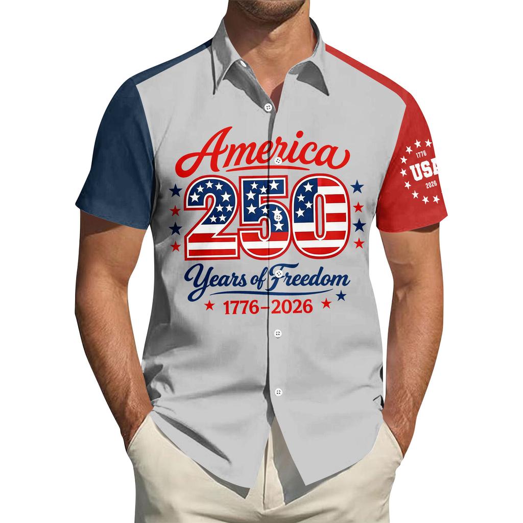 Top da Uomo Stampato per il Giorno dell'Indipendenza con Colletto Camicia Casual Sportiva a Maniche Corte da Uomo