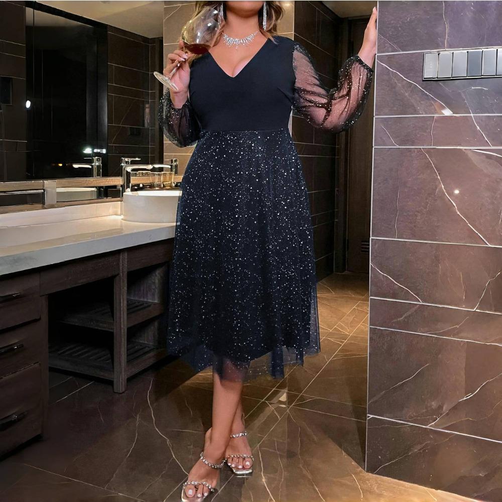 LYRIA Elegantní dámské sexy midi šaty s V výstřihem a průsvitnými síťovanými rukávy s flitry Dámské volánové společenské šaty Krása Plus Size Oblečení 2023-2024