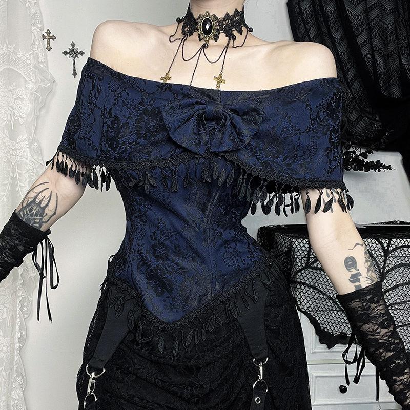 Goth Dark Elegant Fashion Tassels Off Shoulder Crop Tops Grunge Bow Lace Print T-shirts Gothic Techwear  Y2K Outfits
