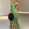 Spring and Summer European and American Neck Fringed Long Dress Women's Sleeveless Slim Temperament Dress Dress Dress Dress Factory Spot
