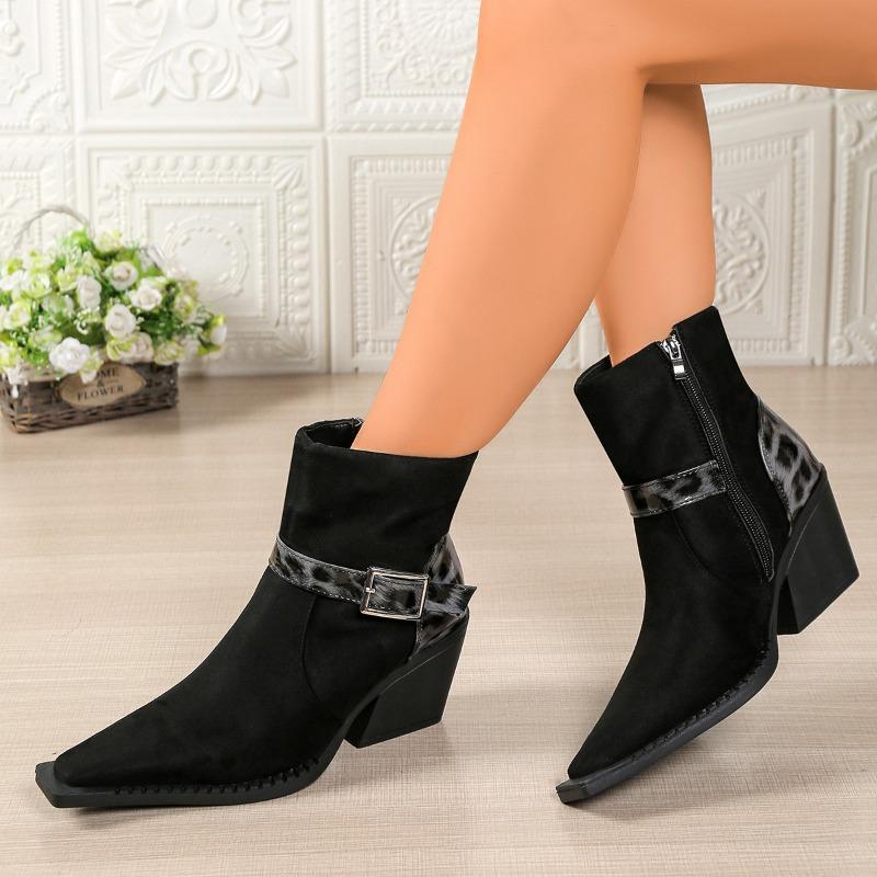 Chunky-heeled Fashion Boots2025Spring and Autumn New Style Leopard Print Belt Buckle Decorated Mid-heeled Mid-calf Women's Boots