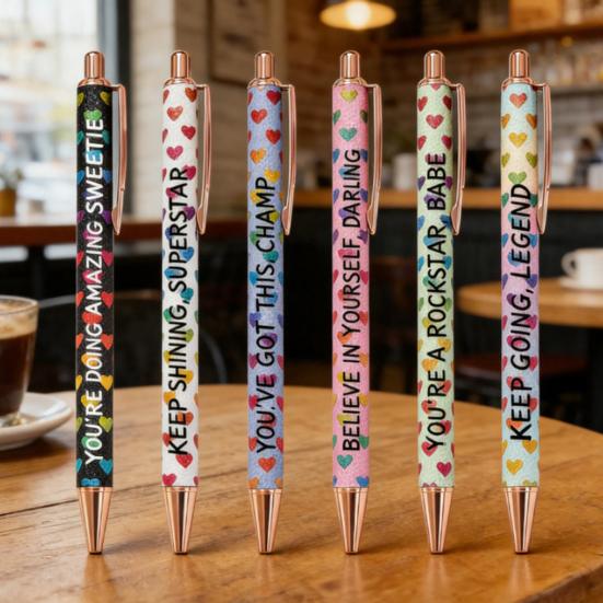 6Pcs Ballpoint Pen Retractable Heart Pattern Metal Click Pen with 1.0mm Fine Tip Smooth Writing Black Ink Pen for Teens Adults