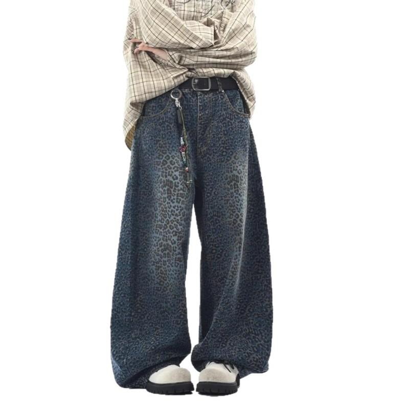 Vintage Washed Leopard Print Wide Leg Denim Pants Men Women Loose Fit Casual High Waist Straight Cut Jeans