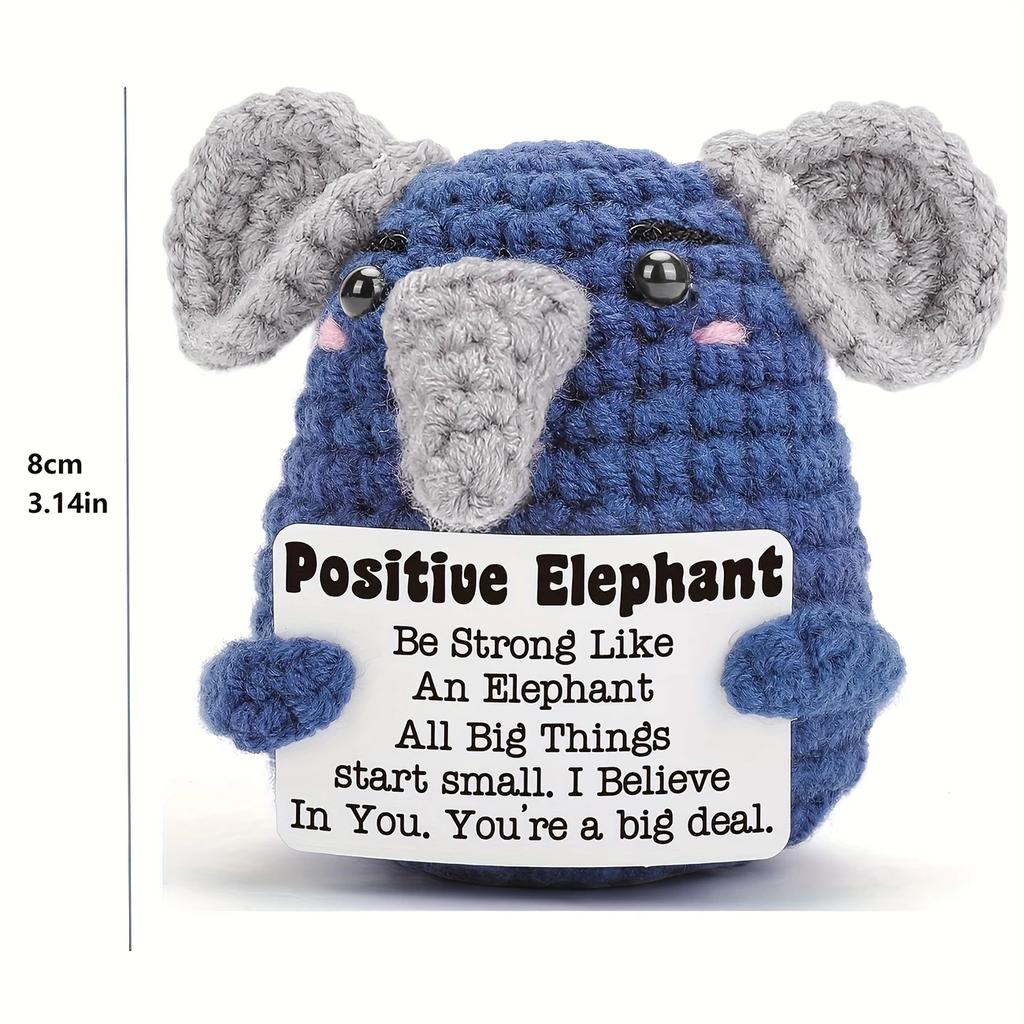 Handmade Crochet Positive Elephant Figurine with Message Card - Cute Knit Elephant Car Dashboard Decor Emotional Support