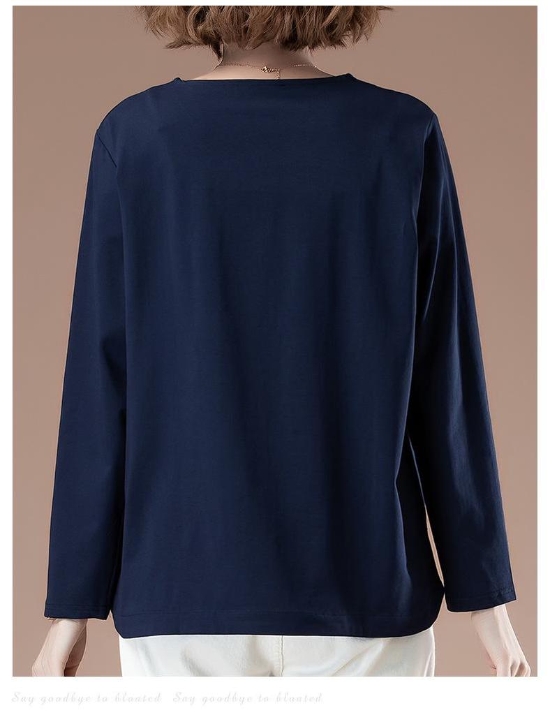 Dámské bavlněné tričko s dlouhým rukávem a výšivkou ve větších velikostech - Zeštíhlující střih pro maminky ve středním věku